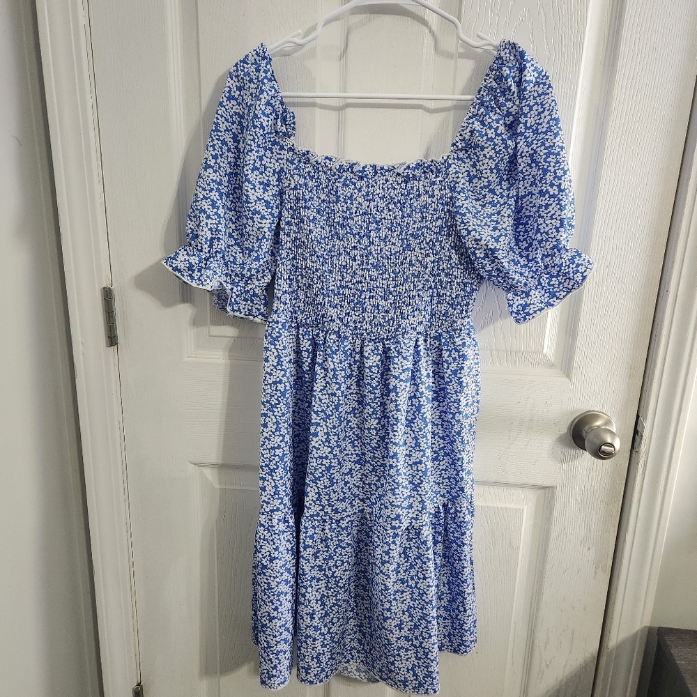 Babydoll floral dress smocked tie back square neck puff sleeve milkmaid LG - Picture 11 of 14